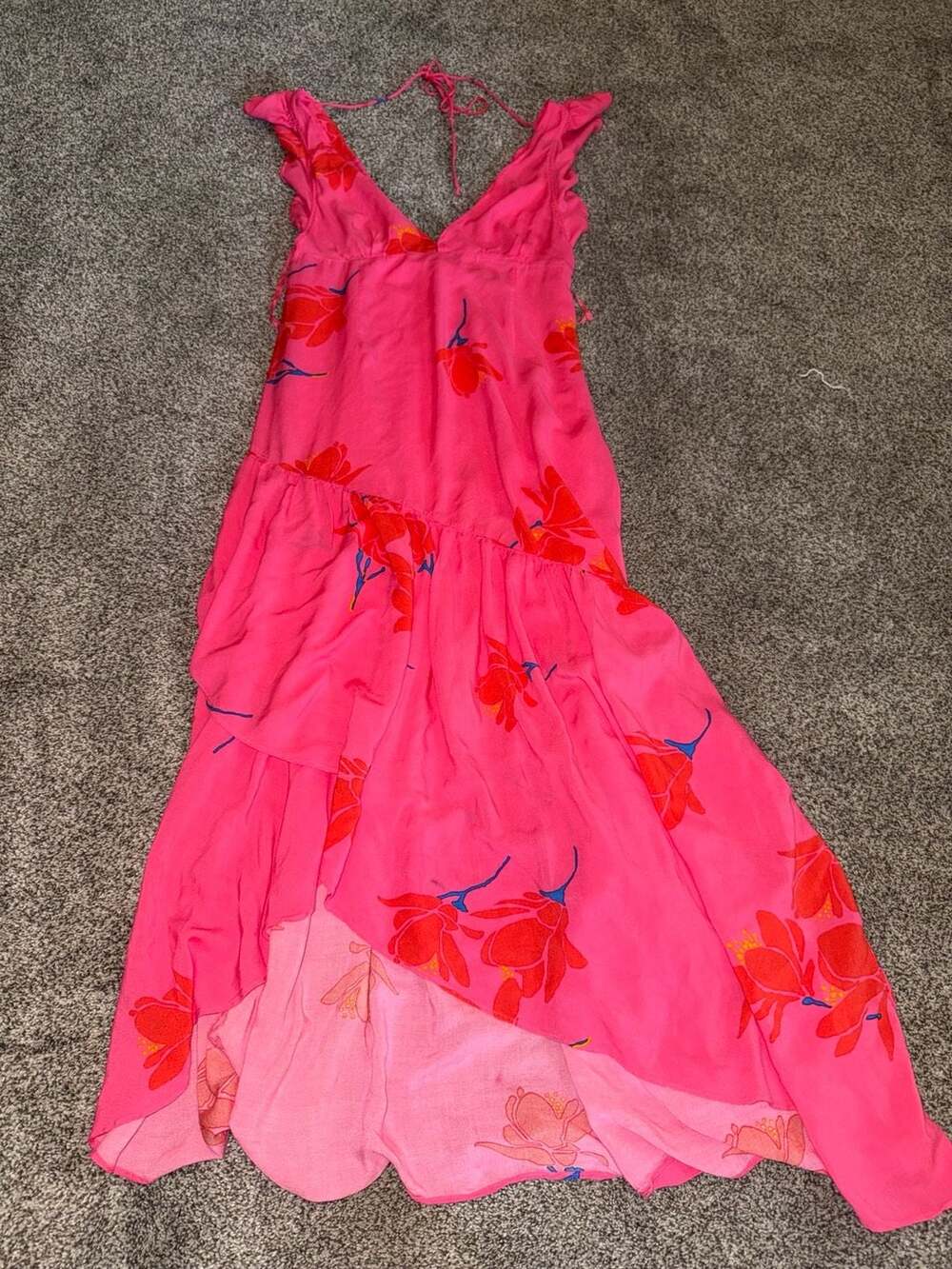 Free People She's A Waterfall Hot Pink Floral Ruffled Asymmetrical Maxi Dress